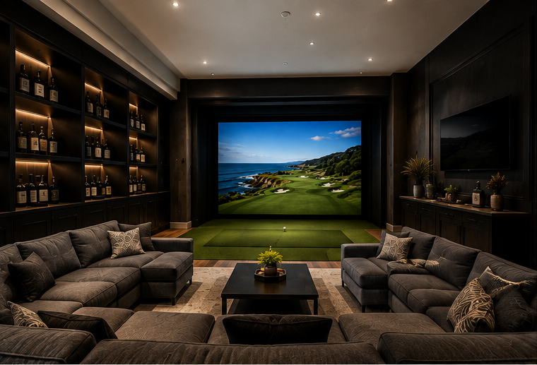 Luxury simulator room with integrated seating, cabinetry, and architectural lighting